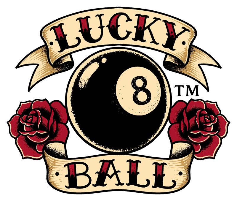 Lucky 8 Ball — an 8-ball flanked by roses under a LUCKY banner and over a BALL banner